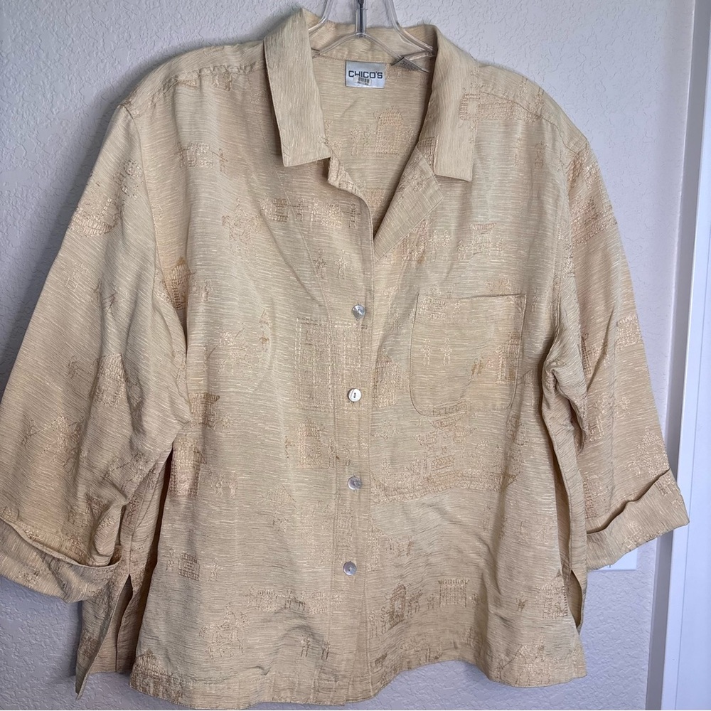 Chico's Light Tan Textured Silk Linen Blend Women’s Shirt